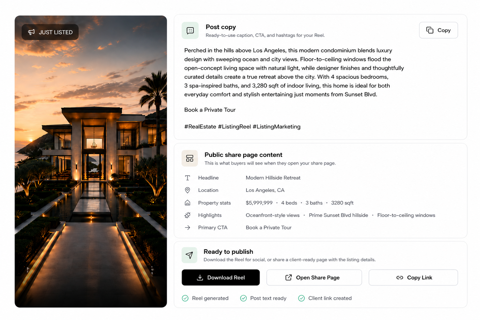 Outlist share page preview with Reel package, post copy, property details, and publish actions