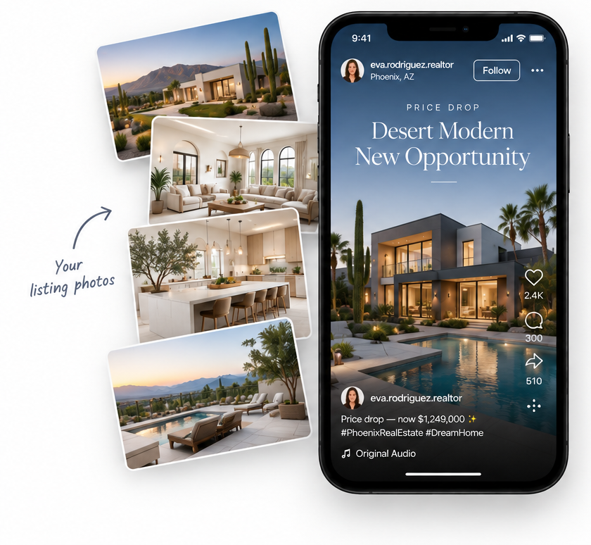 Listing photos transformed into a polished real estate Reel on a phone